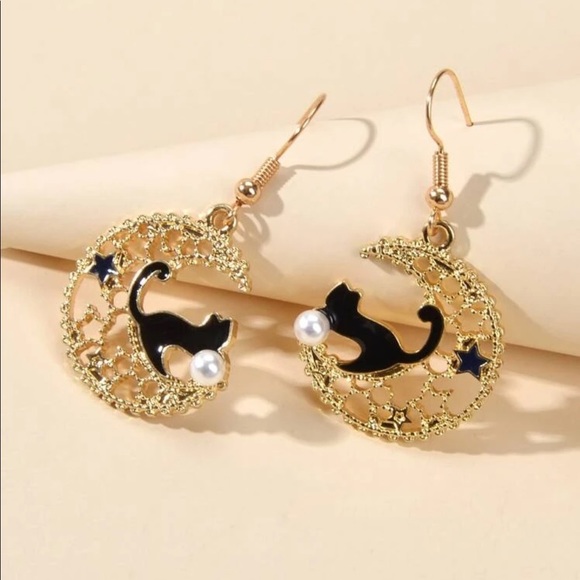 Halloween Goth Black Cat Pearl Gold Moon & Stars Dangle Earrings - Picture 3 of 6